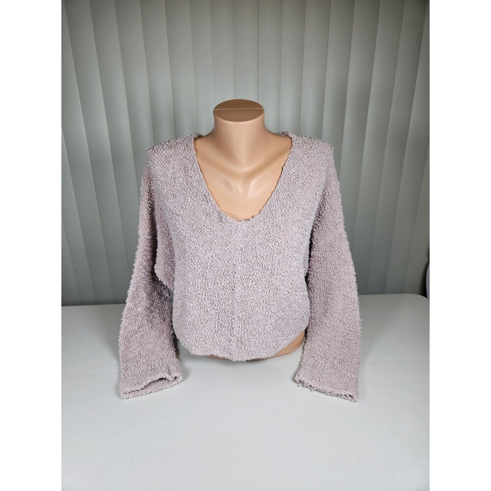 Free People Sweater Size S Lavender Popcorn Knit V- Neck Pullover Slouchy Boho